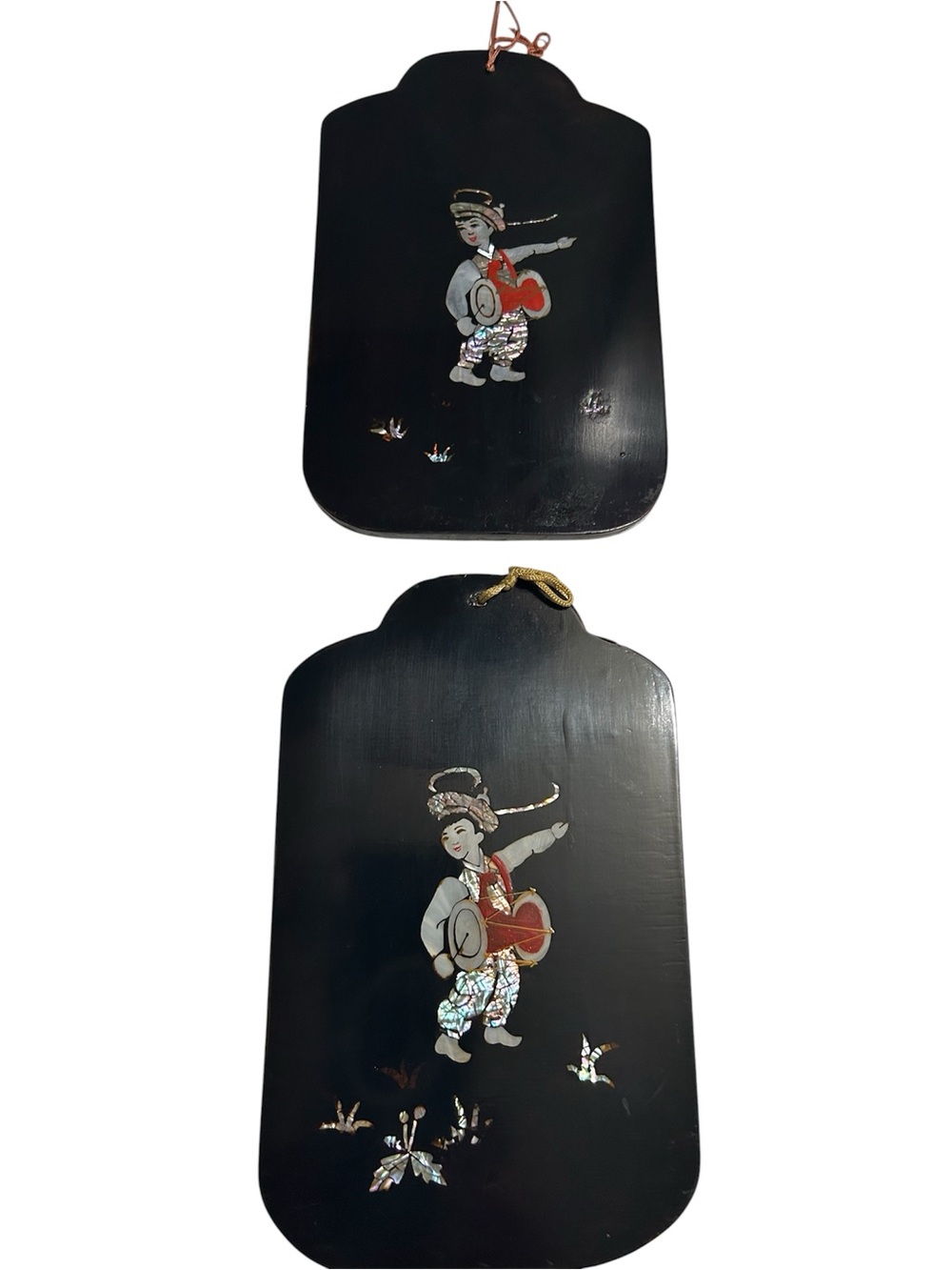 Black Lacquer Asian-Inspired Hanging Panels with Inlay Figures